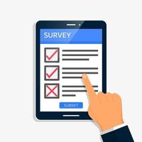 Survey form online on tablet screen concept. vector