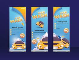 enrollar la plantilla de banner para lavado de coches con ilustración de coche de dibujos animados vector