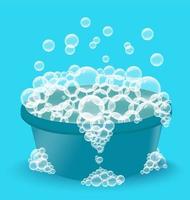 Blue plastic basin with soap suds. Bowl with bubbles. Laundry vector