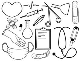 Hand drawn sketches of medical stuff isolated in a white background vector