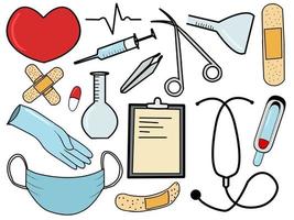 Colored hand drawn collection of medical stuff vector illustration