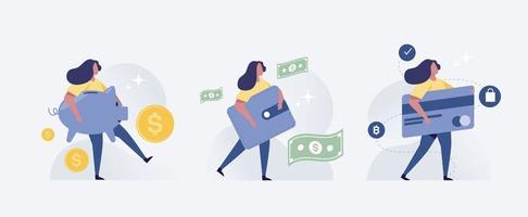 ahorrar dinero concepto de personas. mujer sosteniendo dinero y tarjeta de crédito. vector