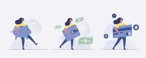 Save money people concept.  Woman holding money And credit card. vector