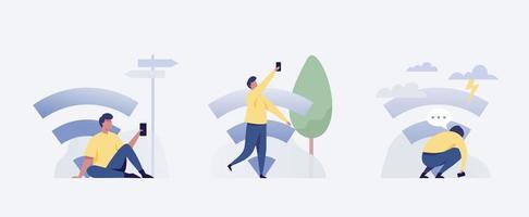 Young man looking for a wifi signal outdoors. Vector illustration