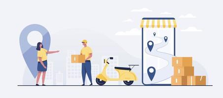 Fast delivery package by scooter on mobile phone. vector