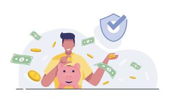 happy man holds a piggy bank. Concept of saving finances. vector