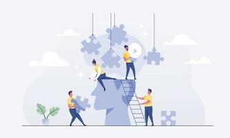 Teamwork connects jigsaw puzzles for brainstorming. vector