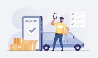 delivery man standing with parcel box and list of parcels. vector