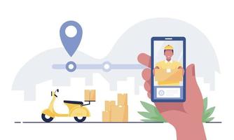 Hand holding mobile application tracking a delivery man. vector