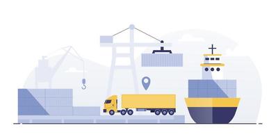 Ports with cargo ships and containers work with crane. vector