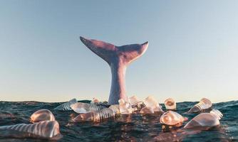Cola de ballena en el océano rodeada de botellas de plástico.