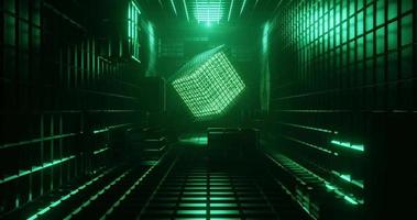 3d rendering loop of green neon cube on dark corridor. video