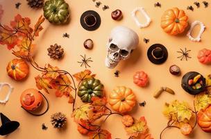 Halloween holiday decorations with pumpkins photo