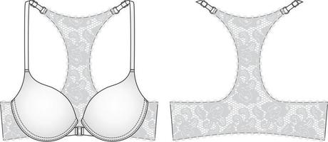 Lace Back Bra technical illustration. Editable lingerie flat sketch vector