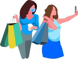 dos niñas de compras tomando selfies vector