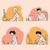 Freelancers working on laptops and computers doodles illustration vector