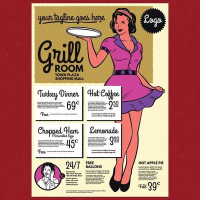 Retro waitress with a tray diner poster menu template