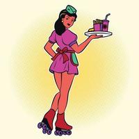 Retro waitress on roller skates vector