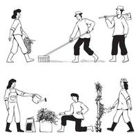 People doodles gardening activities vector