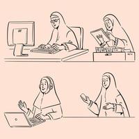 Moslem women with hijab working doodles vector