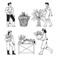 People doodles gardening activities vector