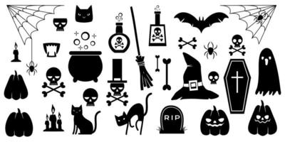 Set of silhouettes of halloween elements on a white background. vector