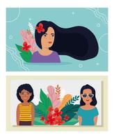 group women with leafs tropicals avatar character vector