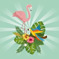 flamingo pink with parrot with flowers and leafs vector