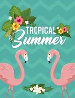 cartel de verano tropical con flamencos y flores. vector