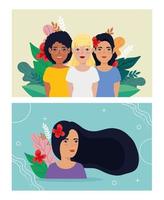 group of beautiful women with leafs tropicals vector