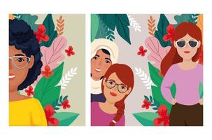 group of beautiful women with leafs tropicals vector