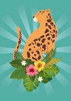 animal leopardo con flores y hojas icono aislado vector