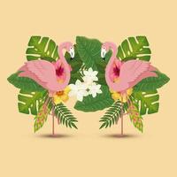 flamingos pink animals with leafs nature vector