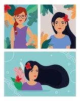 group of beautiful women with leafs tropicals vector