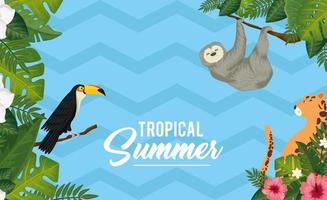 cartel de verano tropical con animales exóticos y hojas. vector