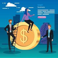 Coin and businesspeople with ladder vector design