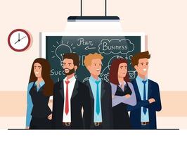 business people and chalkboard with business plan graphics vector