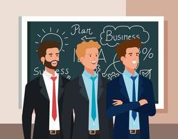 business men and chalkboard with business plan graphics vector