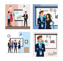 set of scenes business people meeting with infographics presentation vector