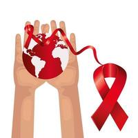 hands with aids day awareness ribbons and planet earth vector