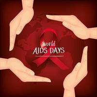 poster of world aids day with hands and ribbon vector