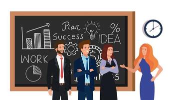 business people and chalkboard with business plan graphics vector