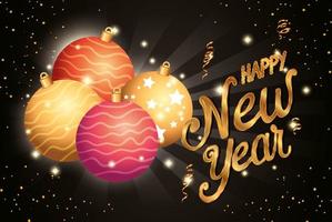 poster of happy new year with balls decoration vector