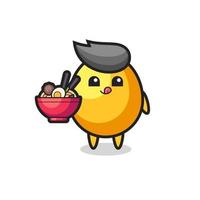 cute golden egg character eating noodles vector