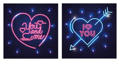 conjunto de letras de luz de neón para el día de san valentín vector