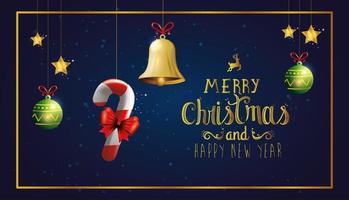 cartel de feliz navidad y próspero año nuevo con decoración colgando vector