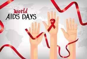 poster of world aids day with hands and ribbon vector