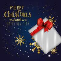 poster of merry christmas and happy new year with gift box vector