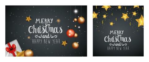 set poster of merry christmas and happy new year with decoration vector