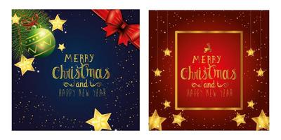 set poster of merry christmas and happy new year with decoration vector
